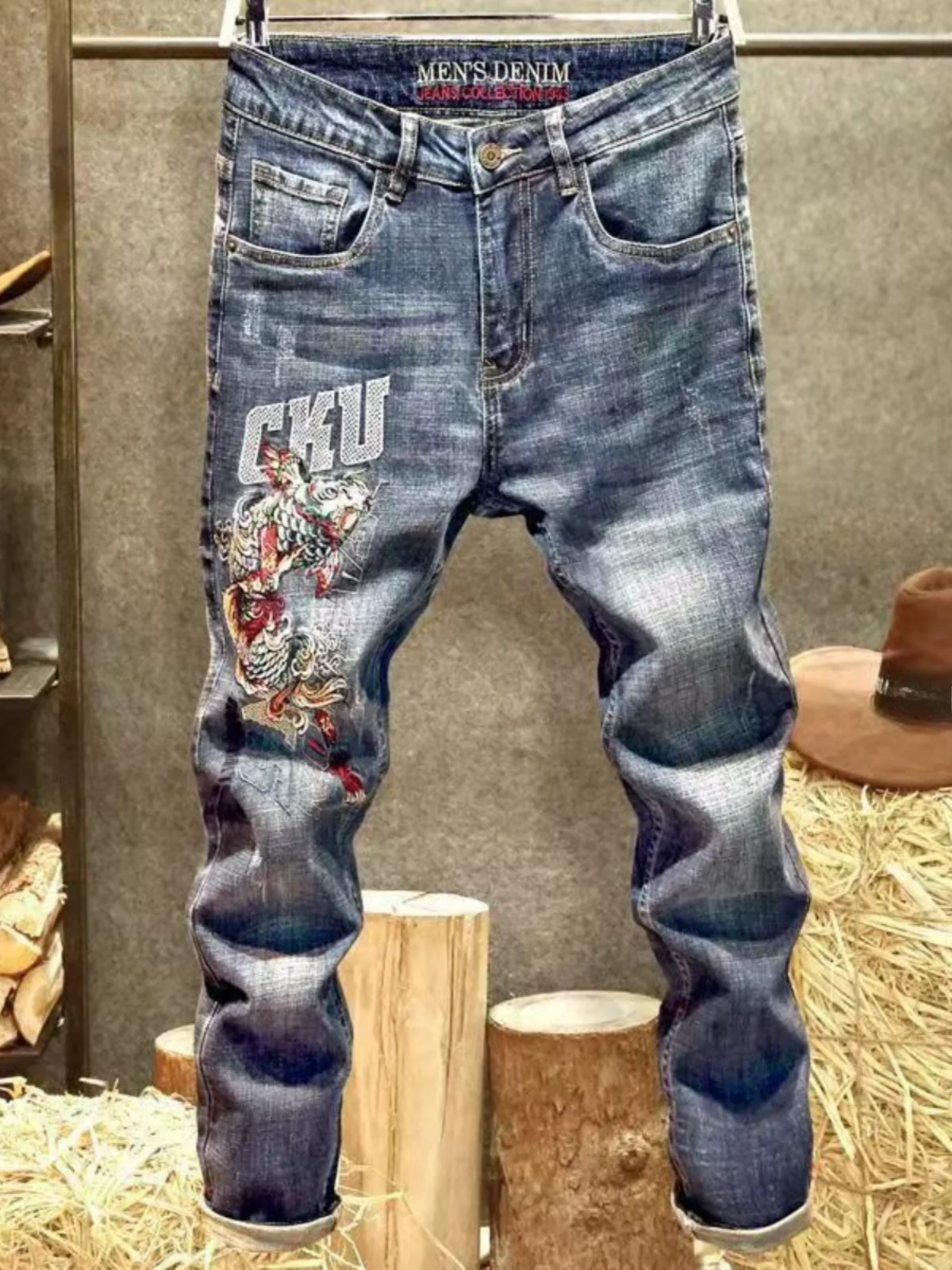 

Ele Embroidered High Street Slim Fit Jeans Casual Elastic Straight Leg Long Pants for Men Youth Faion Resistant to Wear