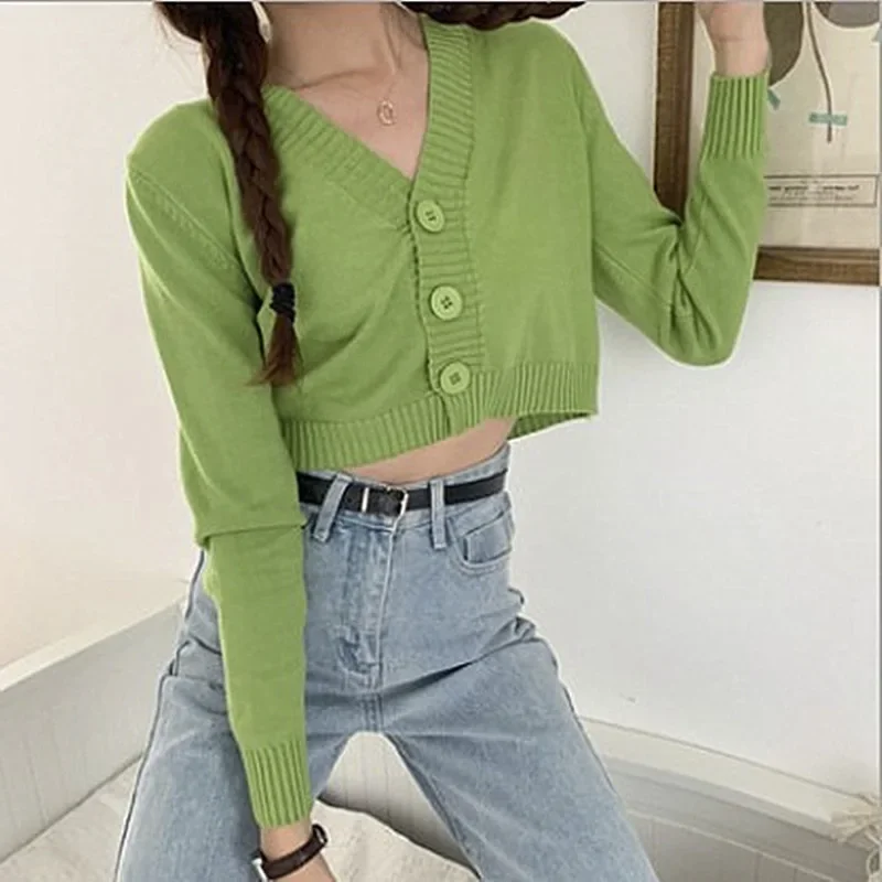 

Fashion Women's Thin Knit Loose Short Sweater V Neck Winter Warm Korean Casual Female Sweater Top Trend Button Cloting