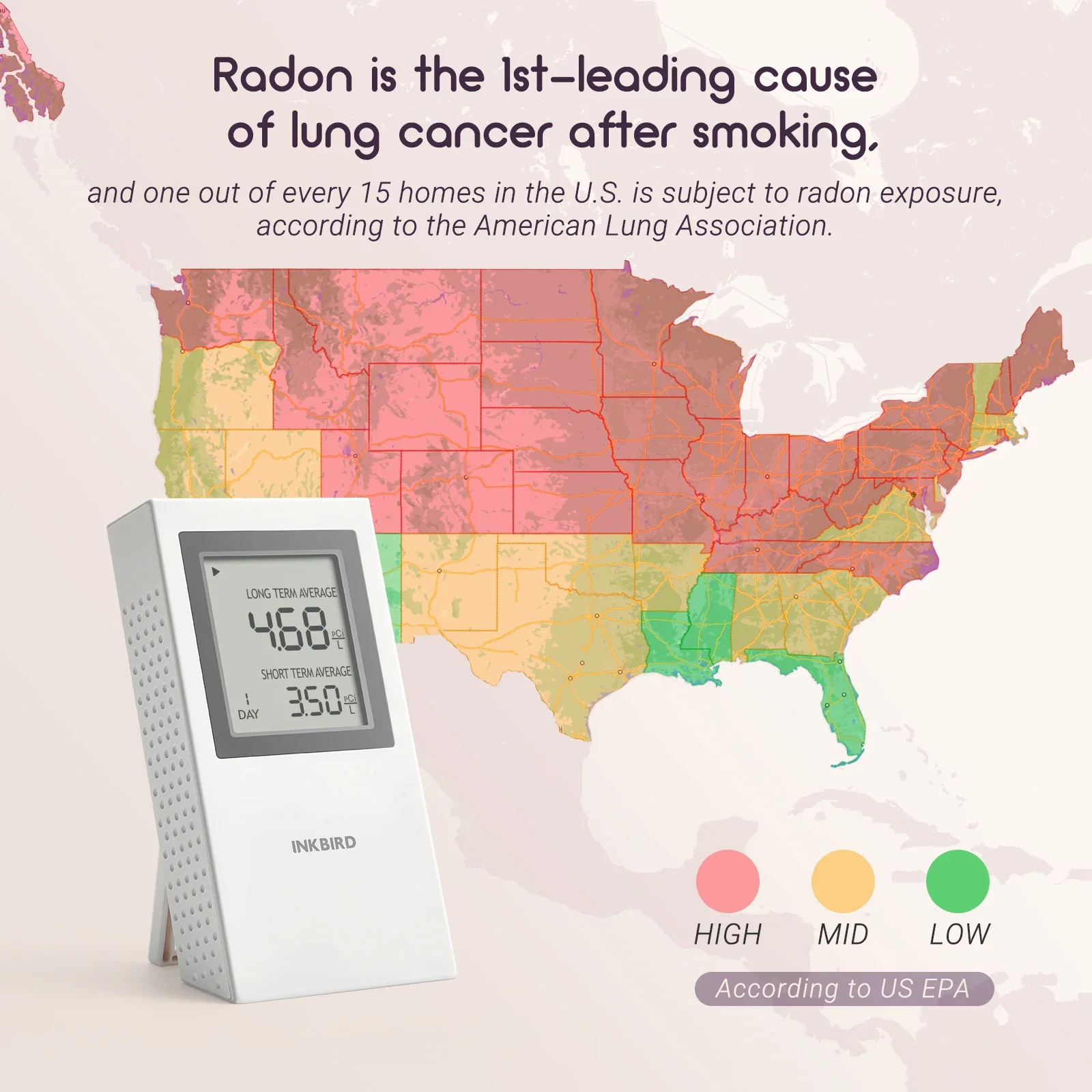 Indoor Portable Radon Detector Monitor Radon Gas Detector for long- and short-term testing Household Radon detector