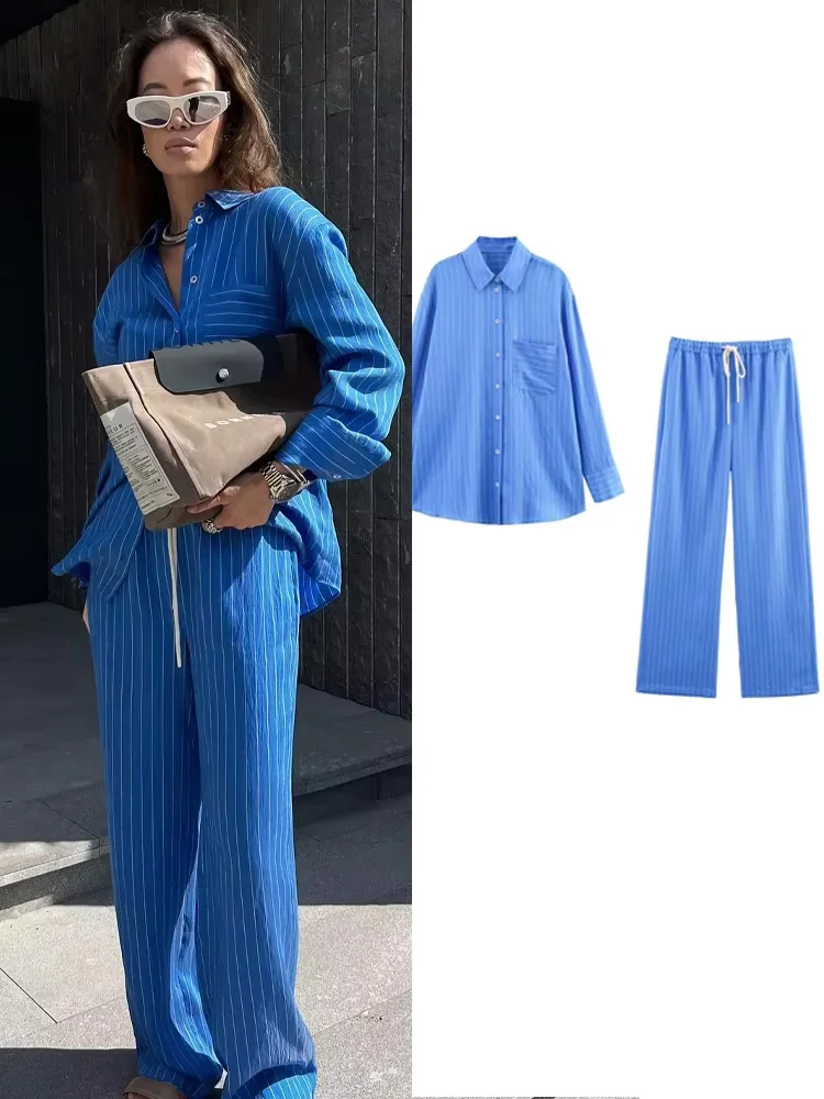 

HH Summer Women Striped Pants Suit Loose Lapel Long Sleeve Pocket Single-breasted Blouse+Pajama Style Drawstring Pants
