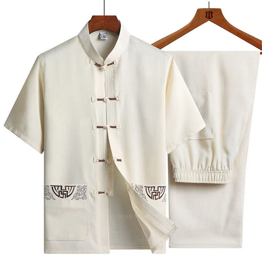 Traditional Chinese Clothing Set For Men Adult Tai Chi Kung Fu Uniforms Linen Short Sleeve Embroidery Casual Chinese Costumes