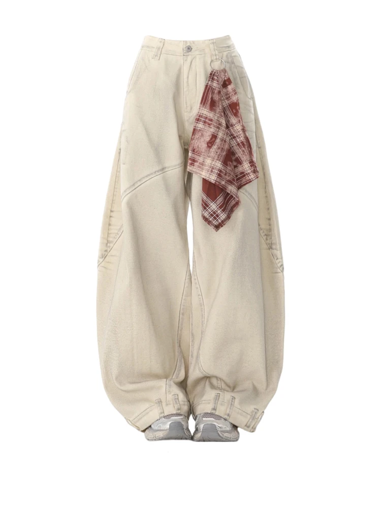 Relaxing wide leg jeans women's summer new detachable square scarf American style retro design trendy floor length pants