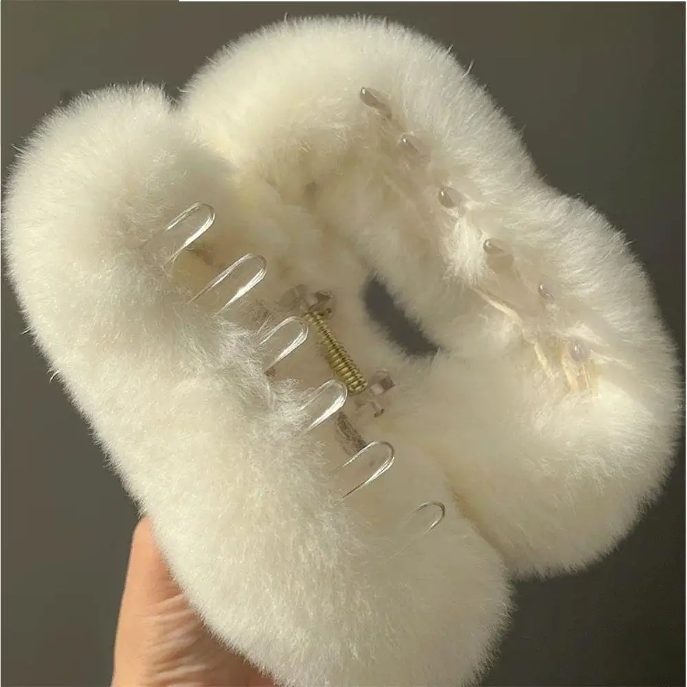 

1PC Natural Rex Rabbit Fur Hair Clips Elegant Solid Color Fluffy Fur Plush Large Hair Claw Clips Autumn Winter Ponytail Clips