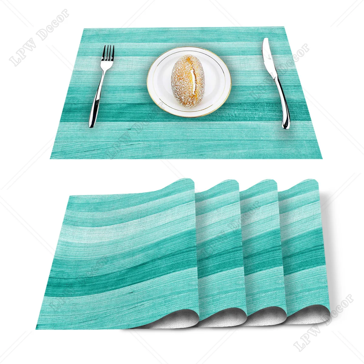 4/6 Pcs Placemat Table Mat Turquoise Wooden Board Printed For Tables Heat-insulation Linen Cotton Kitchen Dining Pads Set