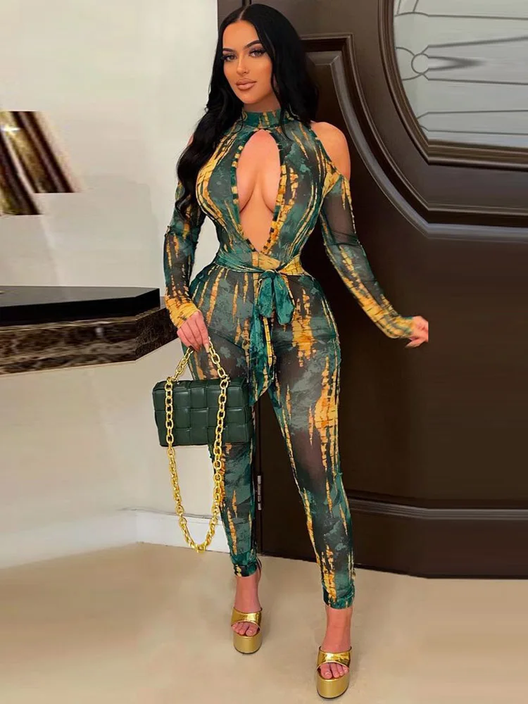 Women Tie Dye Cut Out Shoulder Bodycon Jumpsuit Sexy Party One Piece Overall Romper Playsuits 2022 Spring Summer New