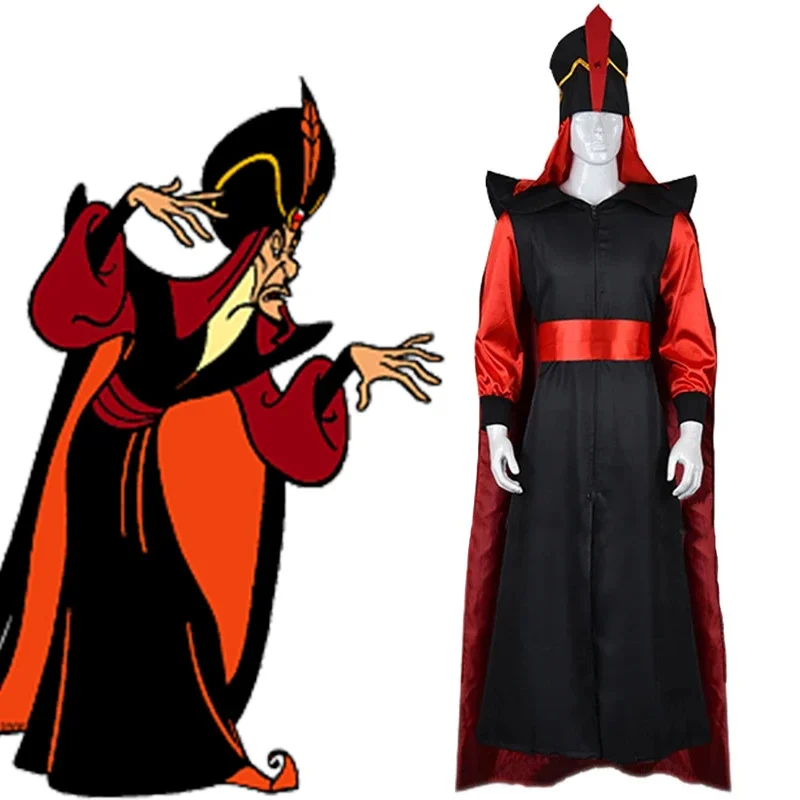 The Arabian Nights Aladdin Jafar Cosplay Costume Jafar Wizard Cape Clothes Hat Full Set Halloween Party Costumes for Man Women