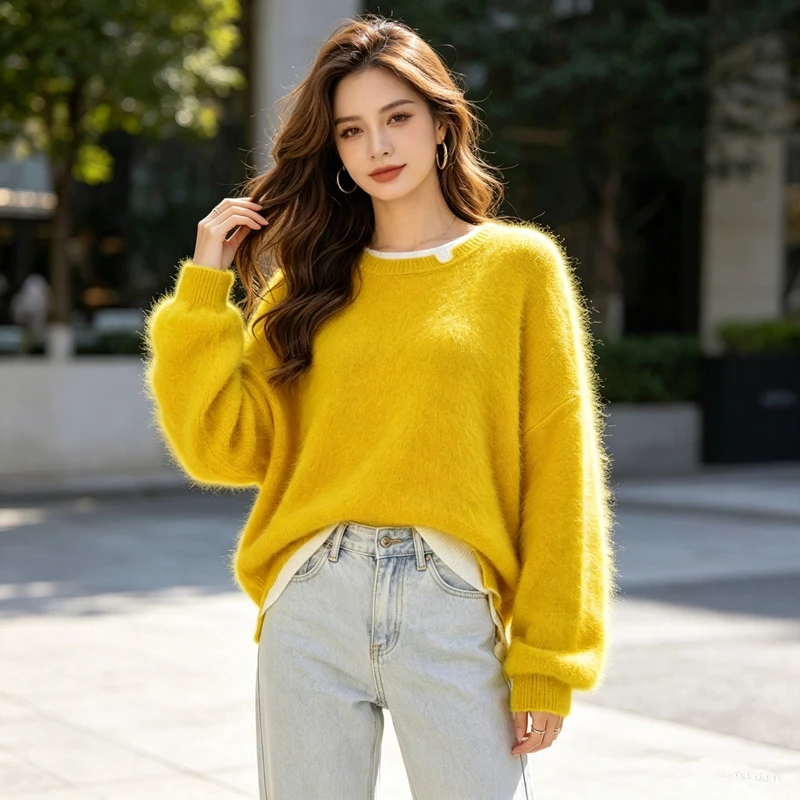 Ladies Women Autumn Winter Clothing Colored Hairy Angora Rabbit Hair Knitted O-Neck Long Sleeves Loose Pullover Sweater Jumper
