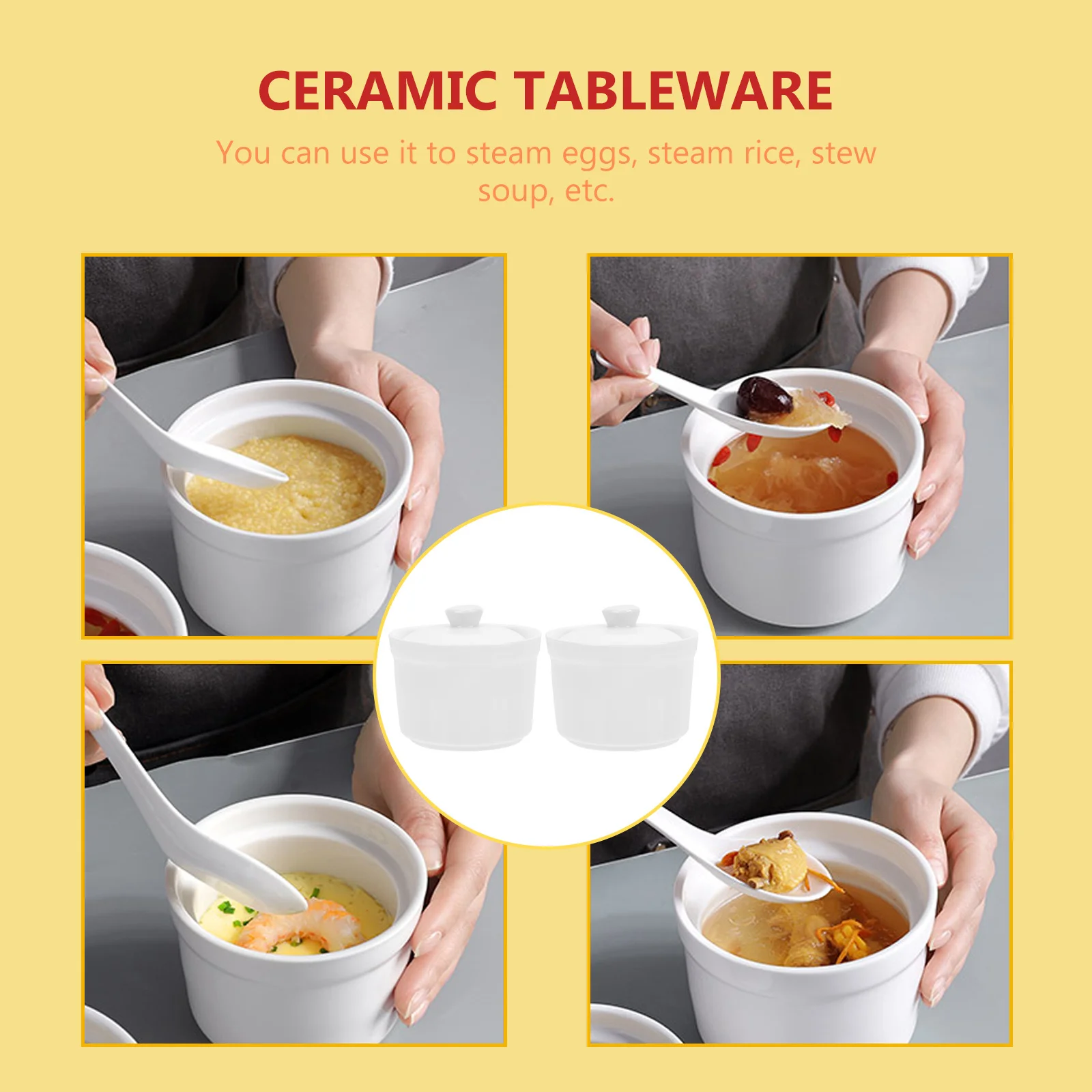 

2Pcs Ceramic Stew Bowl with Lid Soup Bowl for Home Kitchen Party Restaurant Tableware Steamed Egg Pot with Lids