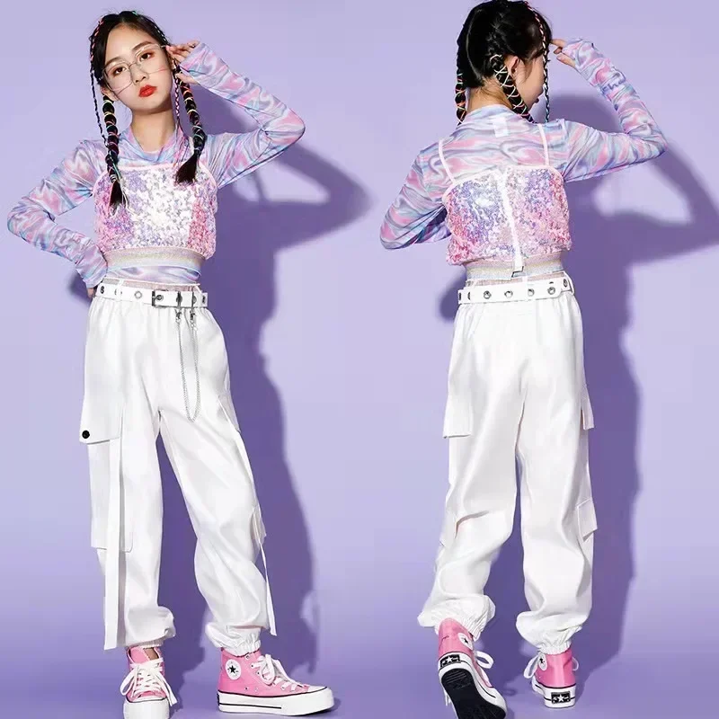 

Girls Sequin Tops White Fashion Suit Kids Jazz Child Hip Hop Clothing Modern Street Dance Stage Performance Costumes