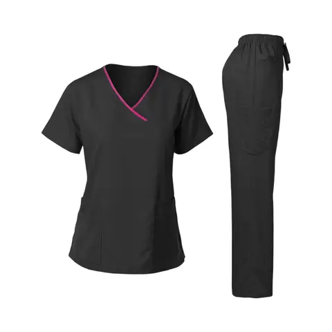 Women's Nurse Scrub Set V-Neck Short Sleeve Multi-Color Contrast Trim Multi-Pocket Long Pants Medical Cozy Professional Workwear