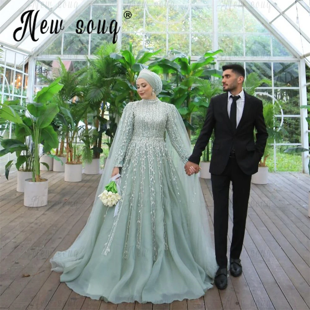 

Mint Green Muslim Plus Size Evening Dress Long Cape Sleeve Wedding Party Gowns Beading Second Reception Prom Dresses for Bride