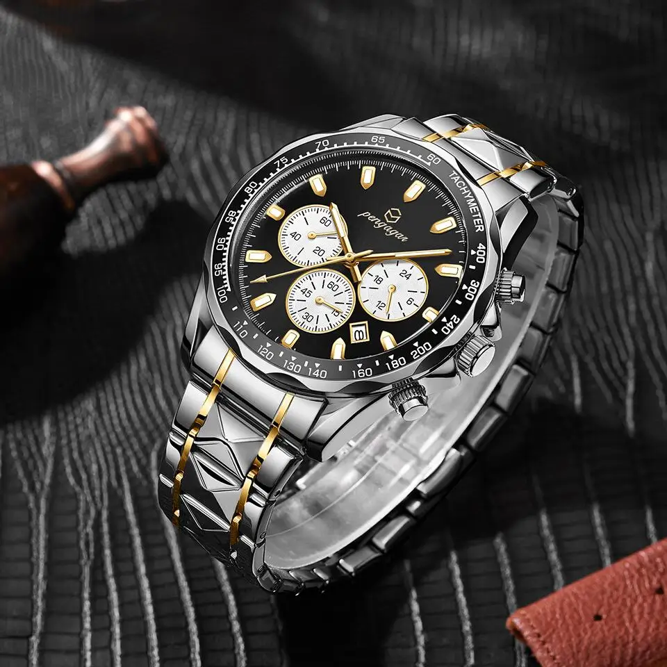 PENGAGAR Orologi da uomo Cronografo classico multifunzionale Orologio da polso al quarzo originale Sport Reloj impermeabile in acciaio inossidabile