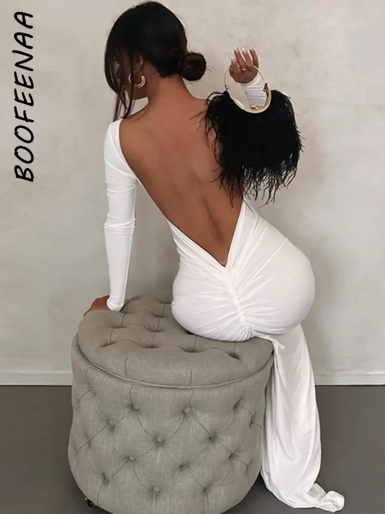 BOOFEENAA Pleated Open Back Long Sleeve Maxi Dress for Birthday Women Black White Elegant Evening Gown Party Dresses C15-BI37