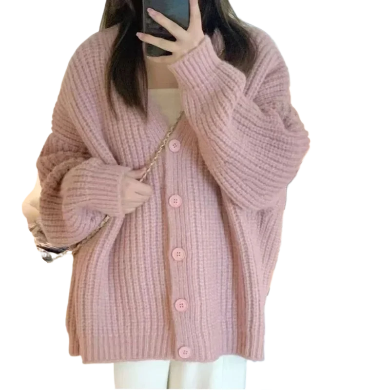 Korean coarse needle pink V-neck lazy style knitted sweater, women's outerwear internet famous autumn coat cardigan