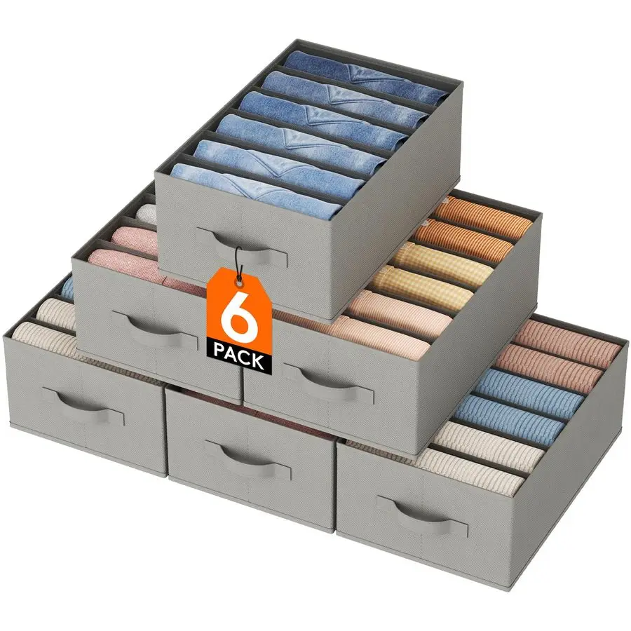 

6 Pack Clothes Organizer, 6 Grids Closet Jean Storage Bins with Handles and Support Boards, Foldable Drawer Organizer for Sweat