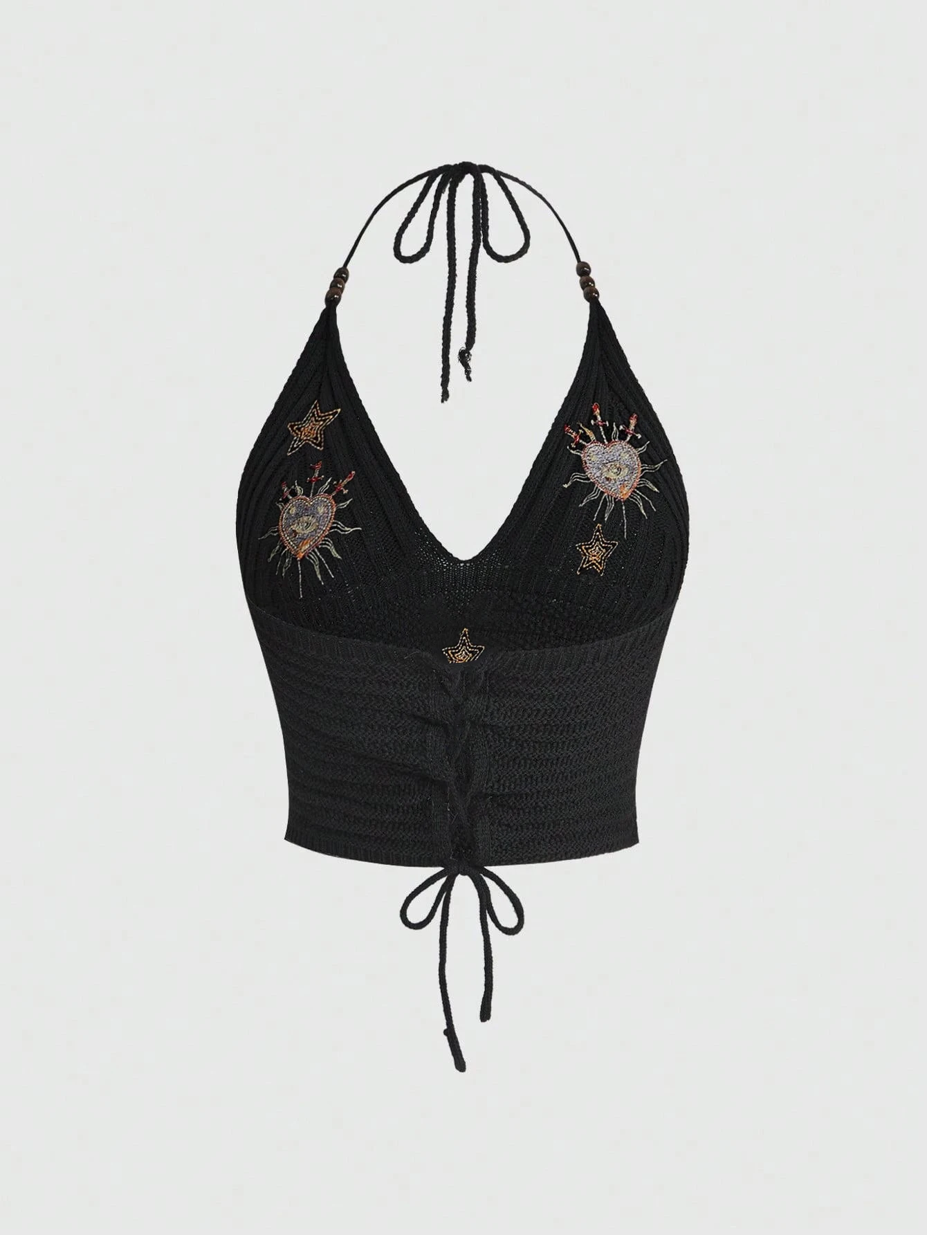 Women's Streetwear Halter Neck Crop Top Black Embroidered Sacred Heart Pentagram Fashion for Teens And Adults