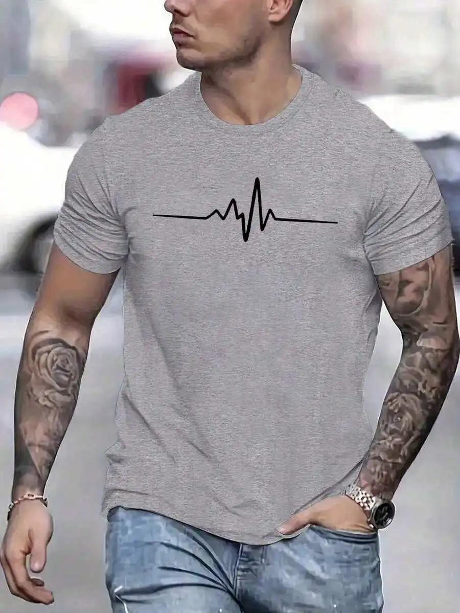 

Mens Casual Electrocardiogram Print Round Neck Short Sleeve T-Shirt