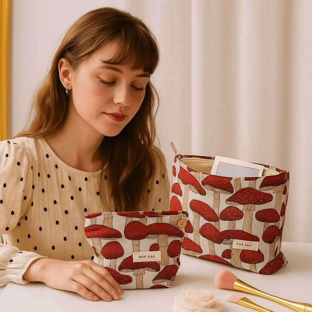 Vintage Canvas Makeup Bag Red Mushroom Printing M/L Size Storage Bag Washing Coin Key Purse Skin Care Products Storage view 3