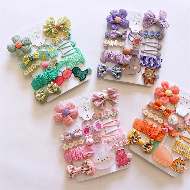 Ins Korean Version Children Fabric Bow Hairpin Girl Cartoon Character Flower Multi Hairclip Set Baby Hair Accessories Freeship