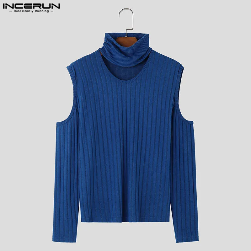 INCERUN Men Pullovers Solid Color Knitted Turtleneck Off Shoulder Long Sleeve Hollow Out Tops Streetwear 2024 Fashion Sweaters