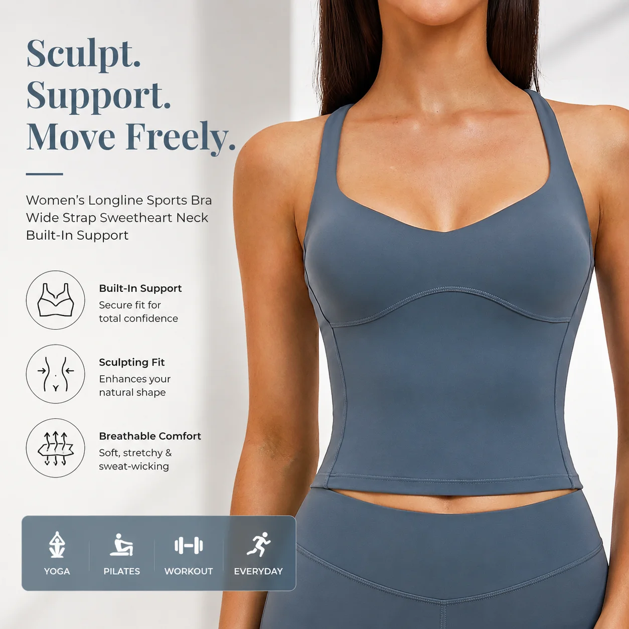 Women's Wide Strap Sweetheart Neck Longline Sports Bra Sculpting Workout Crop Top with Built-In Support for Yoga Pilates
