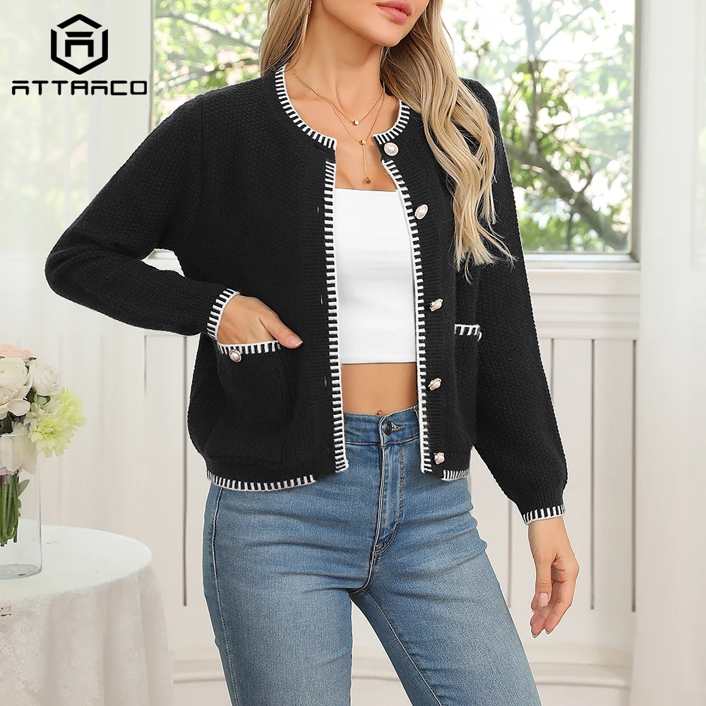 

ATTRACO Women Cardigan Crew Neck Solid With Pockets Open Front Button Embroidery Cropped Long Sleeves Knit Tweed Fashion Jacket