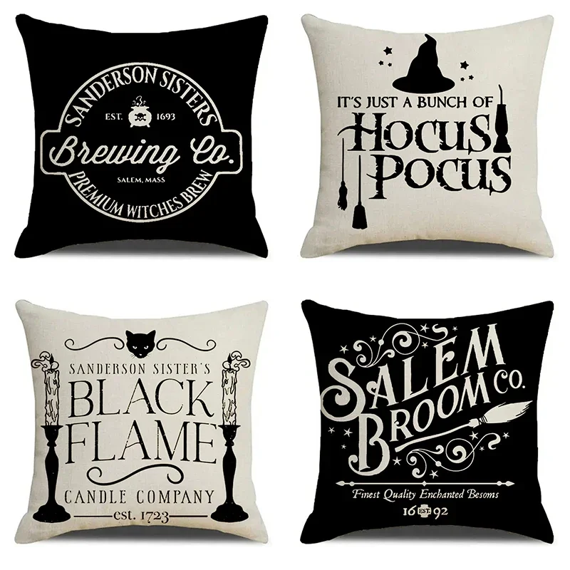 Black Flame Hocus Pocus Broom Pattern Print Soft Square Pillowslip Linen Blend Cushion Cover Pillowcase Living Room Home Decor