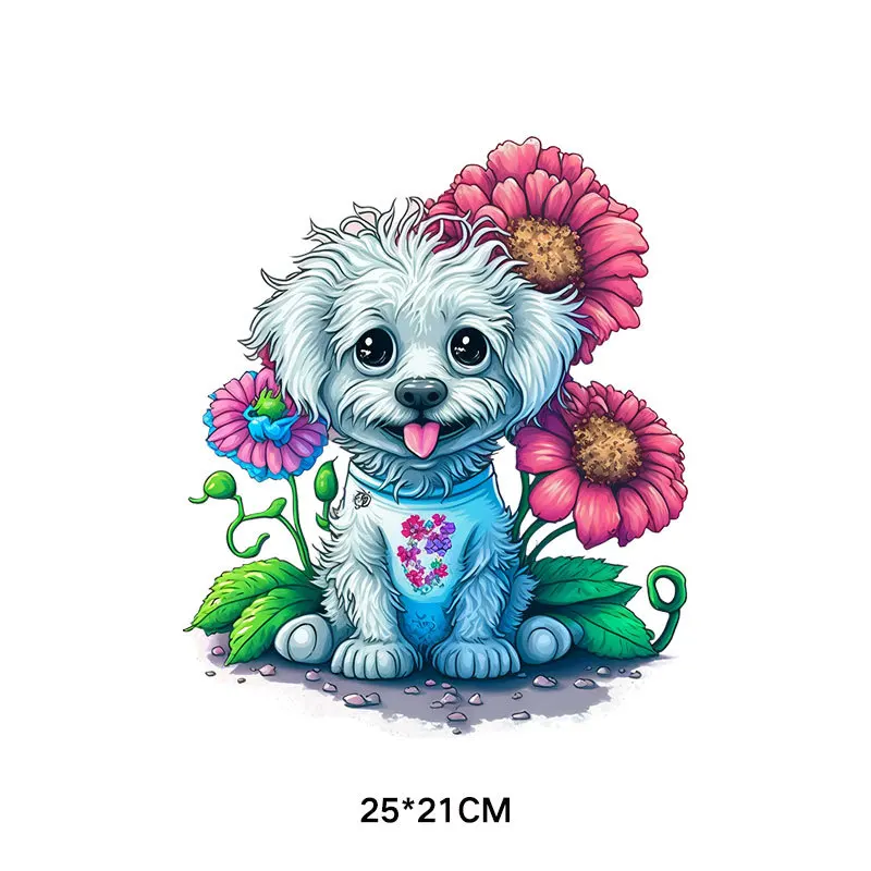 Winylowe naklejki do przenoszenia ciepła na odzież DIY, kreskówka, kwiat, kombinacja psów, prasa termiczna, aplikacja do t-shirtów