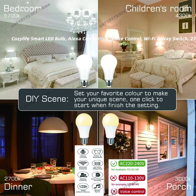 Cozylife Smart 2-Way Control 220V E27 A60 LED Bulb, 3 Color Modes [White/Warm/Neutral], Wi-Fi Voice Control Compatible withAlexa