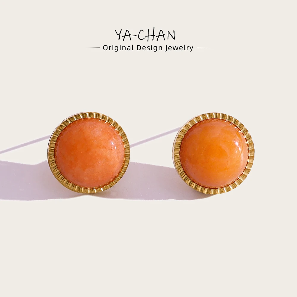 YACHAN Minimalist Geometric Round Small Stud Earrings for Women Luxury Vintage Orange Natural Stone Stainless Steel Jewelry