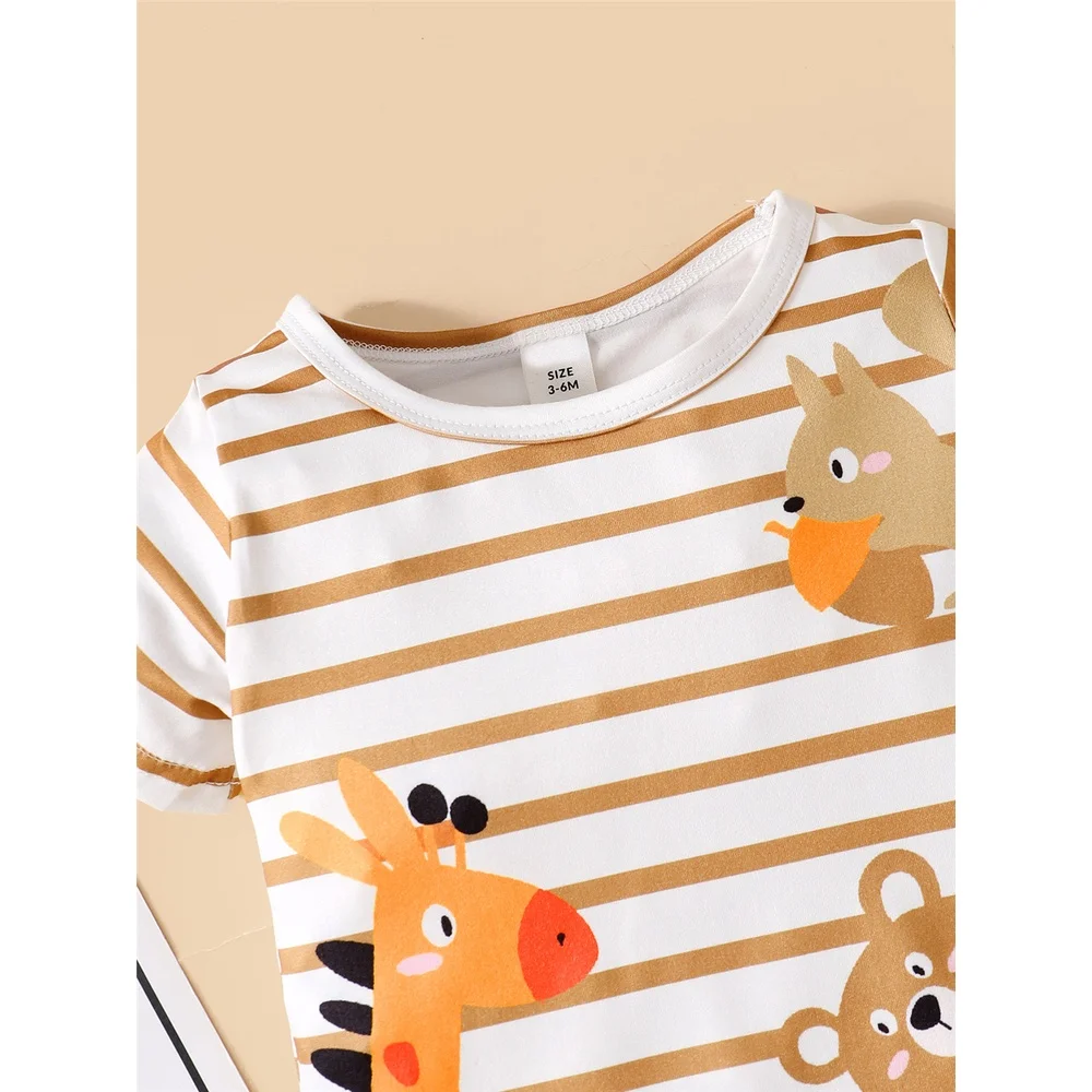 3-24Months Newborn Baby Boy Girl Cute Animal Pattern Romper with Hat Striped Short Sleeve Jumpsuit 2Pcs Clothing Suit