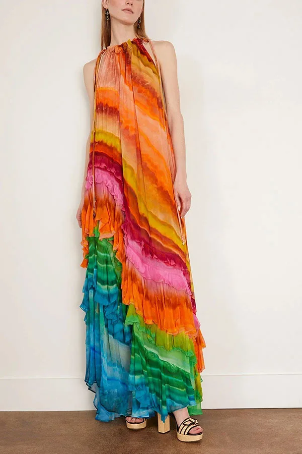 ผู้หญิงฤดูใบไม้ผลิฤดูร้อนใหม่ Halter คอสีพิมพ์ชุดชีฟองหลวมข้อเท้าความยาวชุด