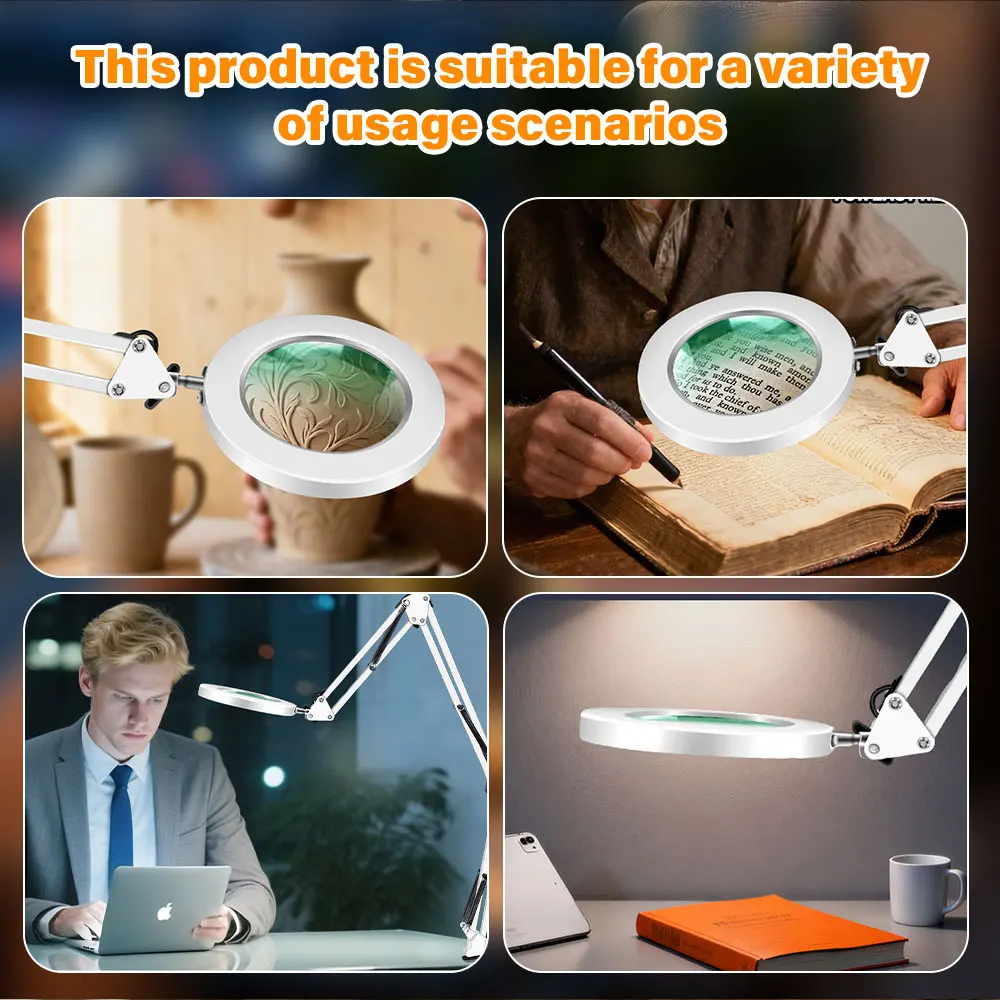Upgrade 3-Segment folding Magnifying Glass Lamp with 3 Color Adjust LED Lights Reading Table Lamp for Welding Repair Close Work
