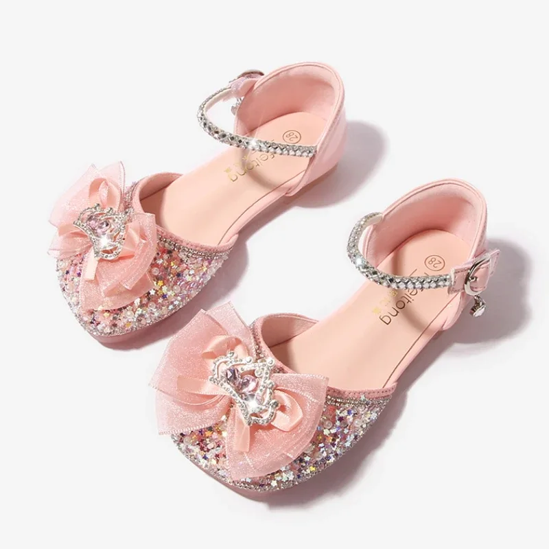 Girls Party Shoes Elegant Sweet Children Sequins Single Shoes Fashion Rhinestone Bowknot Kids Wedding Dress Flat Sandals Causal