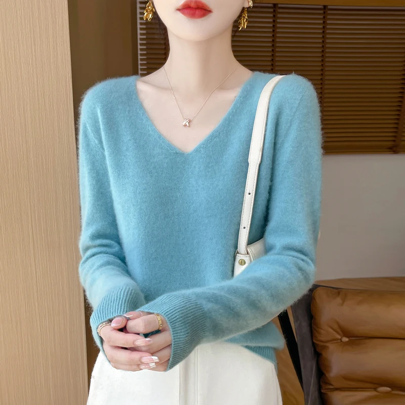 Autumn And Winter New 100% Wool Women\'s V-neck First-Line Ready-To-Wear Knitted Bottoming Sweater Loose Slim Pullover Cashmere