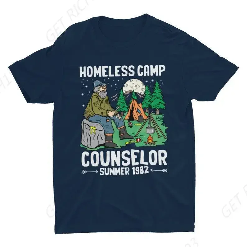 Men Homeless Camp Counselor Funny T Shirt Weird Cringe Tops Men Meme Dark Humor Offensive Retro Vintage Cool Graphic Tee Unisex