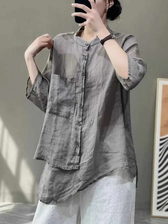 Künstlerische Sle Asymmetrische Loose Fit Damen Irt Baumwolle Leinen Material Sommer Vintage Kragen f Sve Unregelmäßiges Top