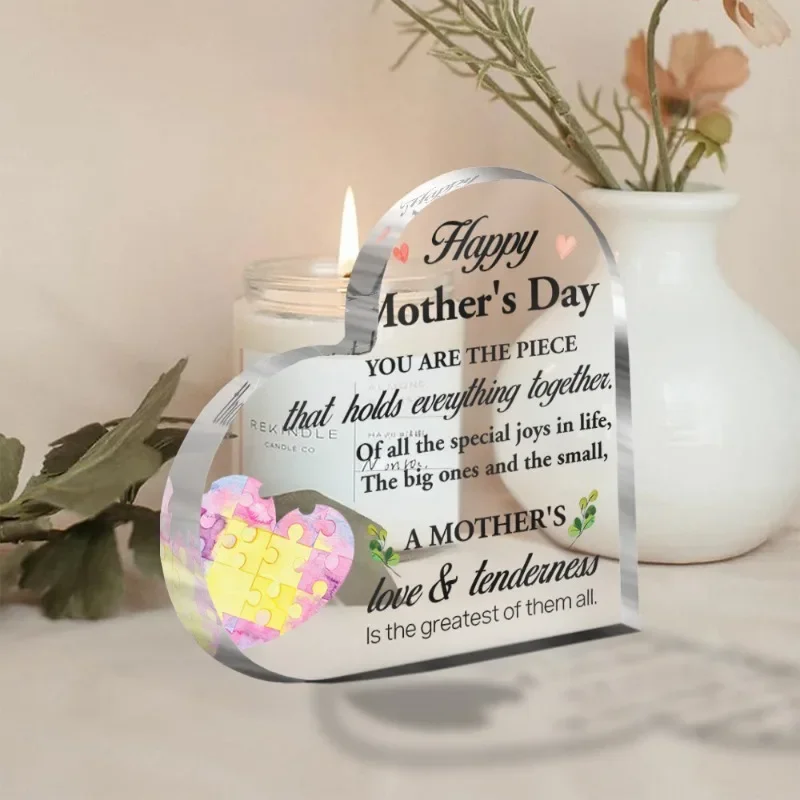 Heart Acrylic Plaque Happy Mother's Day Puzzle Heart Desk Decor Gift,Mother's Love & Tenderness Acrylic Heart Tabletop Ornament Mom Gift
