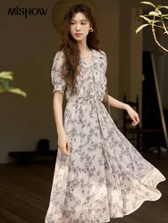 MISHOW V-neck Puff Sleeve Floral Dress for Women Summer Retro Waist Drawstring A-LINE Long Tea Break Dresses MXC37L1513