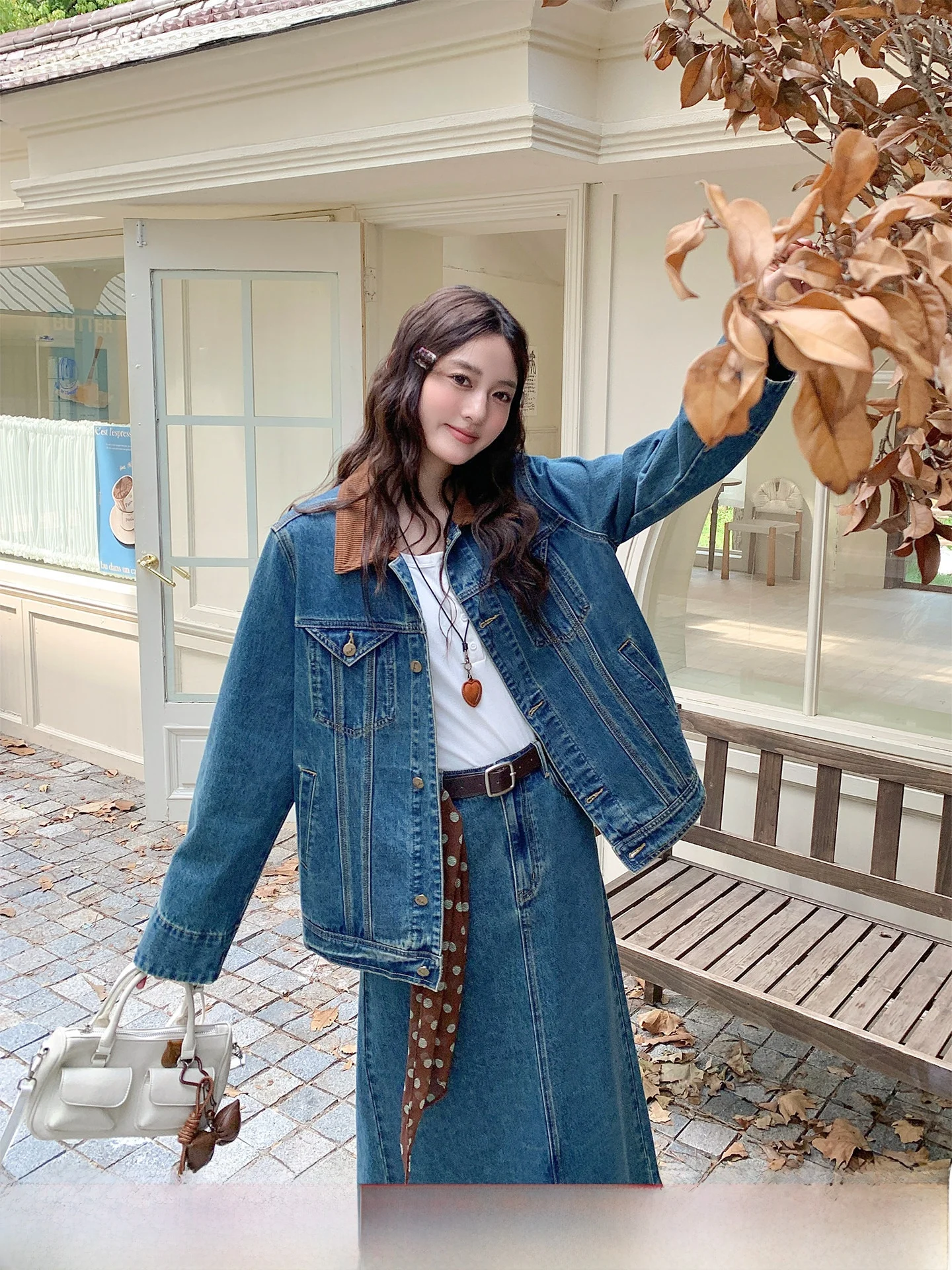 

Прямой джинсовый комплект с высокой талией и юбкой, женский осенний комплект большого размера, уникальный супер красивый наряд, повседневный комплект