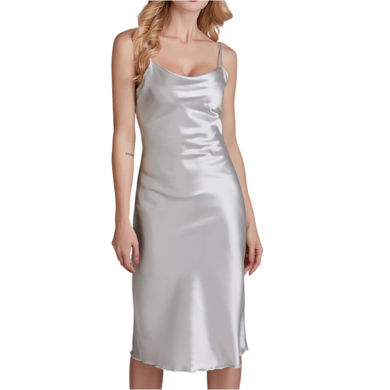 Ladies' Satin Nightgown Suspender Ice Silk Elegant Solid Color Thin Home Outfit New Sleepwear V Neck Home Dressing Gown