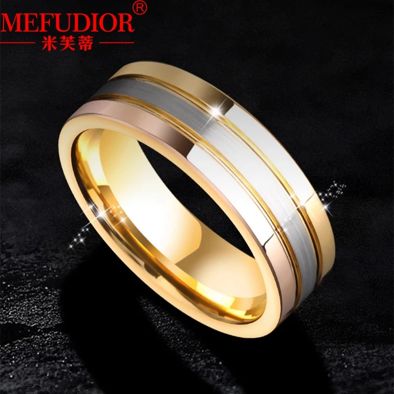 Three Color Tungsten Gold Men Ring 7MM Wide Colored Gold Colour Hip Hop Wedding Band High Quality for Couple Party Jewelry Gift