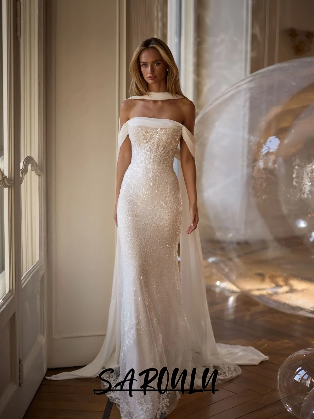 

2026 Shimmering Mermaid Pearls Wedding Dress Customized Dreamy Off-the-shoulder Long Bride Wear Customized Richly Women Gown