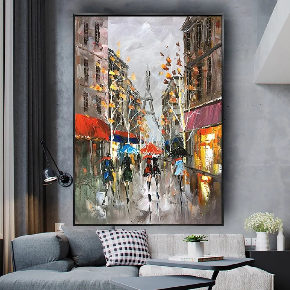 pop Wall Art Picture Paris City Oil Painting Hand Painted Eiffel Tower Couple With Umbrella on Street Canvas Painting Home Decor