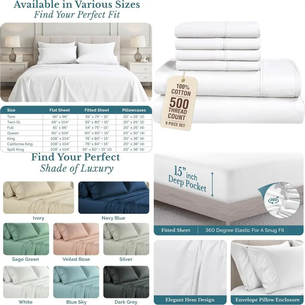 

California King 100% Cotton 6-Piece Sheet Set - 500TC Sateen, 15 Pocket, Pure White