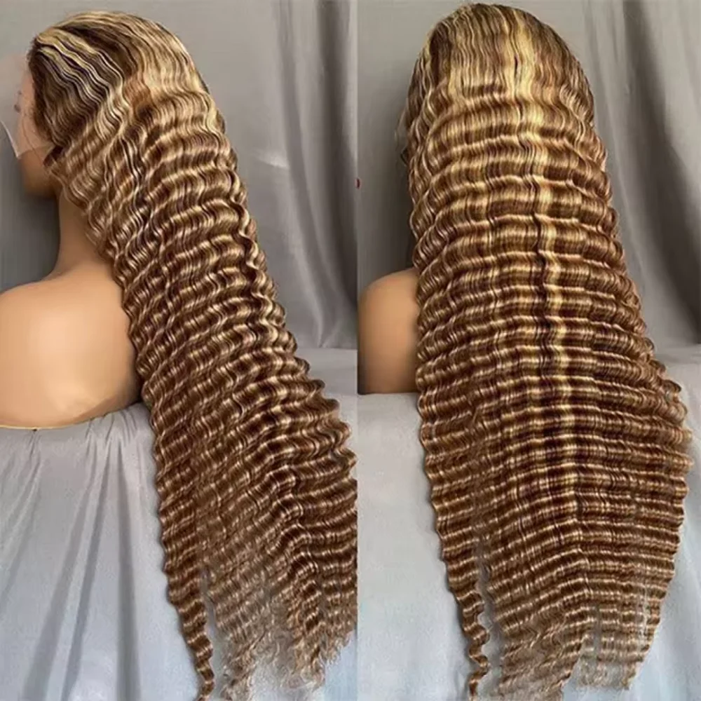 

4/27 Highlight Ombre Deep Wave HD Lace Front Wigs Water Curly 30 40 Inch Brown 13x6 Color Lace Frontal Human Hair Wig Brazilian