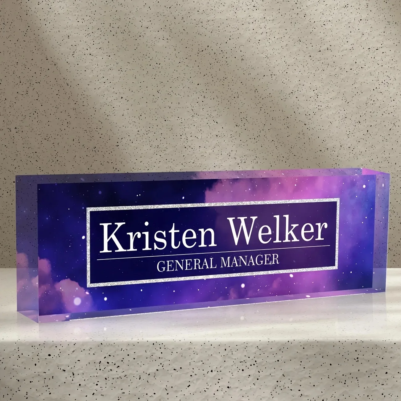 

2D Flat Custom Acrylic Desk Name Plate Purple Starry Sky Personalized Waterproof Office Decor (Only Decoration)