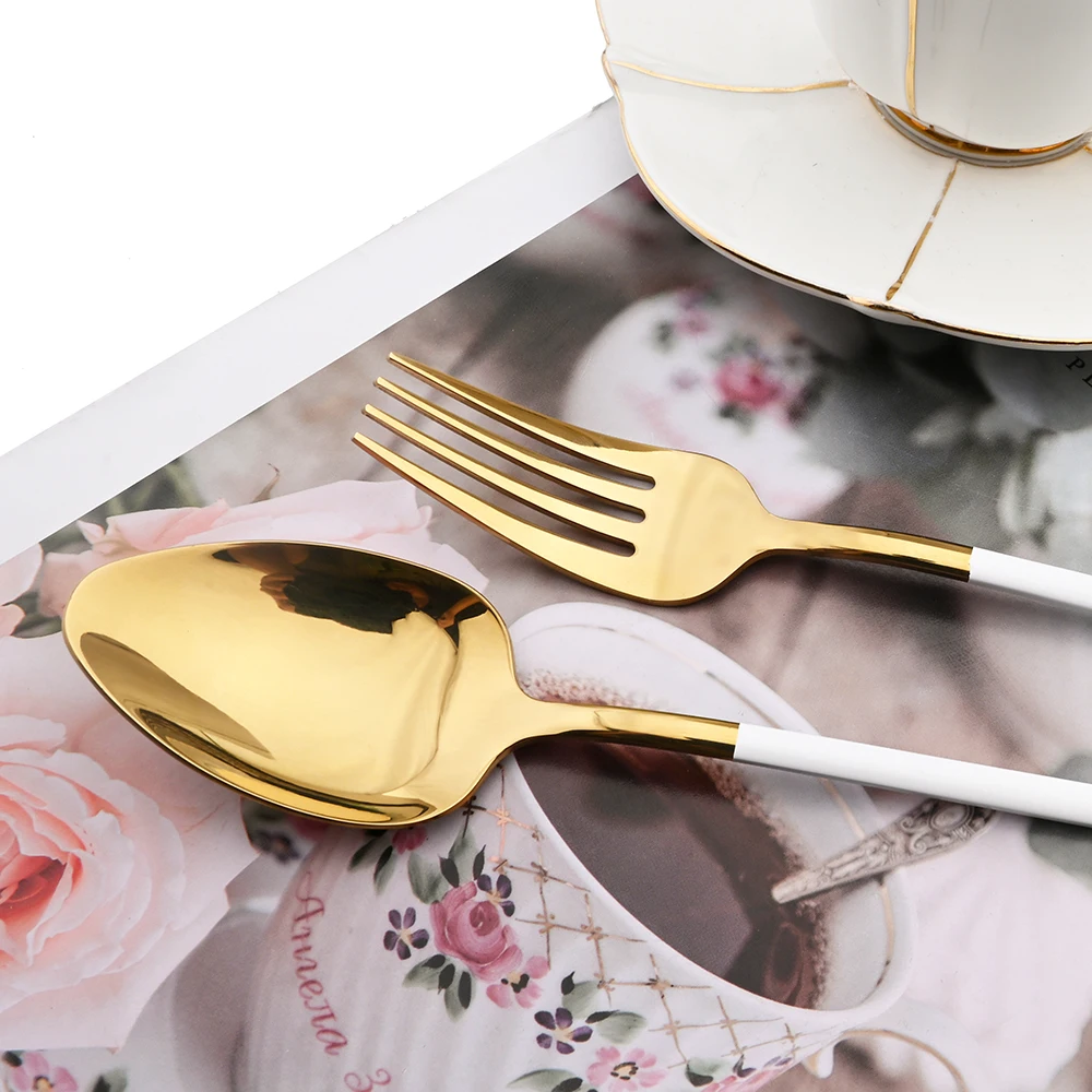 White Gold Dinnerware Set 18/10 Stainless Steel Flatware Knife Dessert Fork Spoon Tableware Cutlery Set Kitchen Silverware