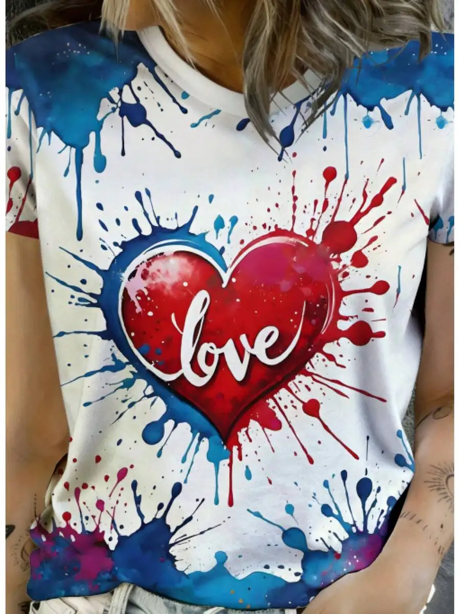 

Artistic Red Blue Splatter Heart Love Print Short Sleeve Women T-Shirt Casual Round Neck Summer