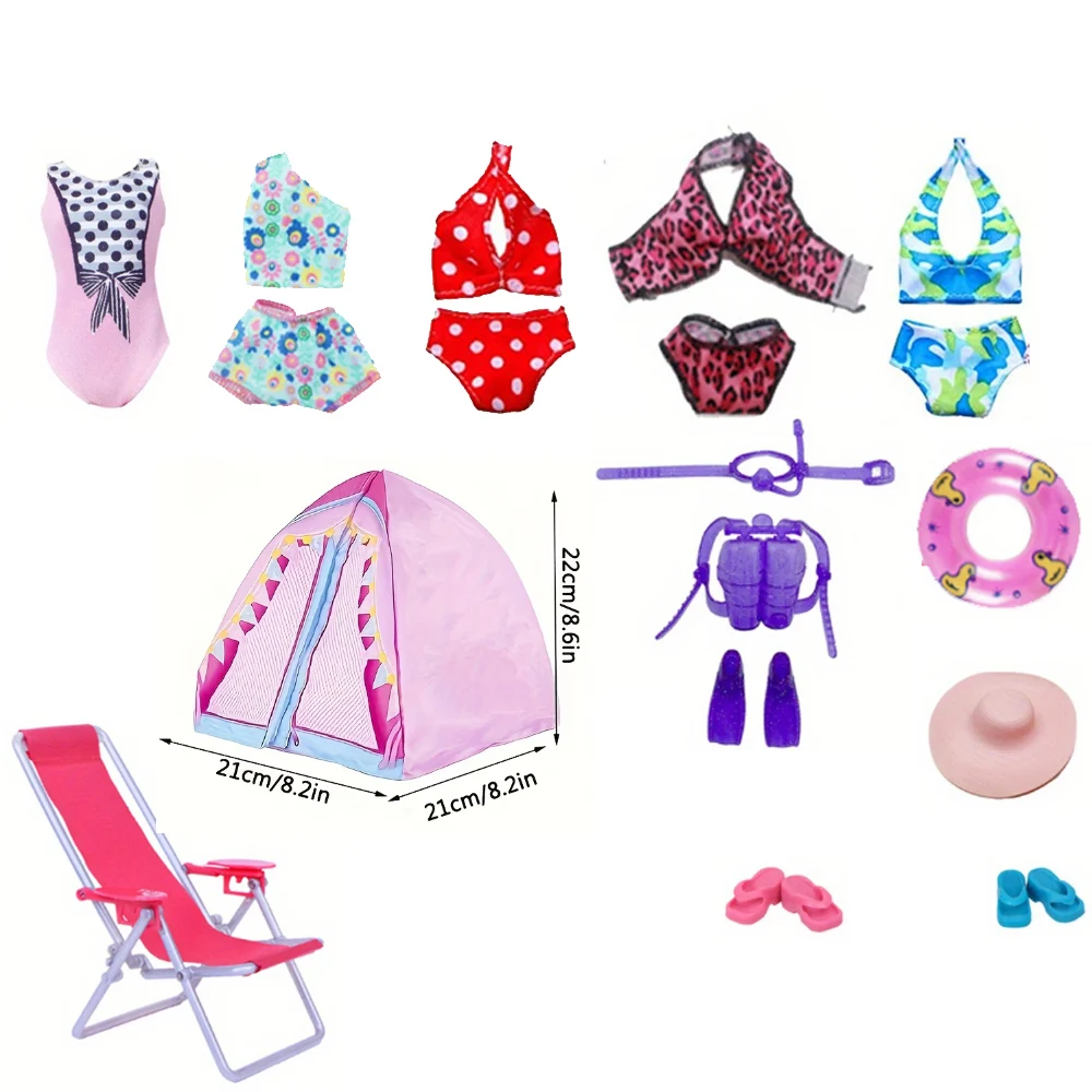 

7/11 Pcs Doll Accessories Swimming Set: Swimsuit, Swim Ring, Beach Chair, Sun Hat, Tent, Shoes for 30cm Girl Doll